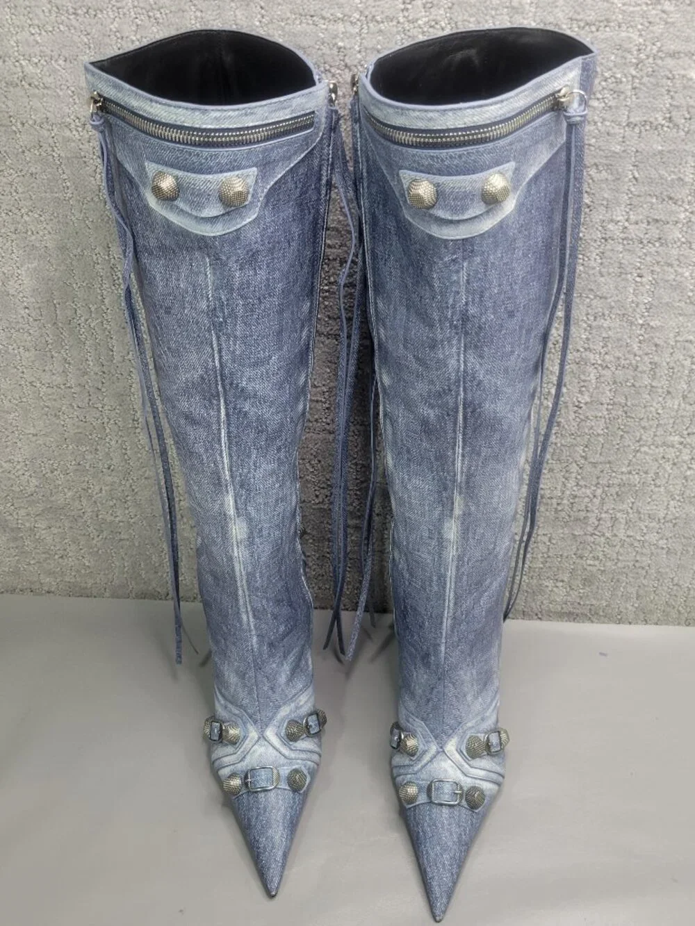 Balenciaga Le Cagole Women's EU Size 41 Blue Denim Leather Stud Boots 771231